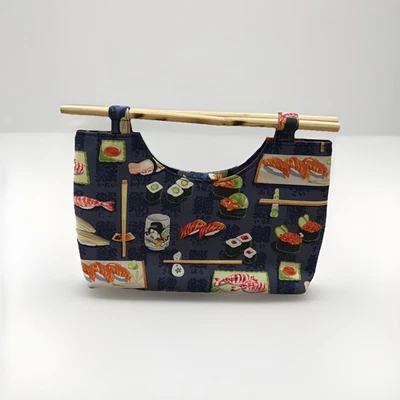 Cartera Bolso de Tela Estampado Asiático/Sushi Vintage con Asas de Bambú Aspecto Palillo Foto 1 de 4