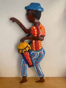 Caribbean Concept Hand Carved & Painted Island Musician Metal Artwork By Bolos - Picture 1 of 7