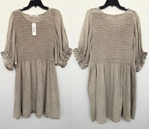 Three Bird Nest Quinn Seersucker Smocked Cotton Dress Ruffle Beige Womens S NEW - Picture 1 of 12
