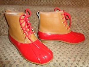 FAB VTG IGLOO TAN LEATHER & GLOSSY RED ACRYLIC FUR-LINED RUBBER DUCK BOOTS--10 - Picture 1 of 8