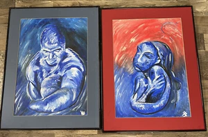 African American Blue People Erotic OIL Abstract NUDE Erotic Painting set of 2 - Picture 1 of 12