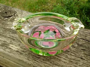 VTG SIGNED Joe St Clair Glass Ashtray Paperweight Bubbles Pink Flowers - Picture 1 of 4