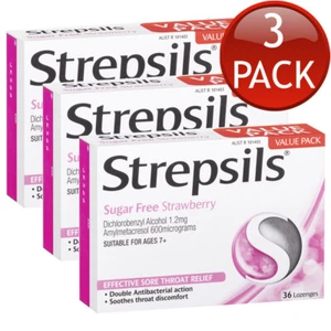 3 x Strepsils Sugar Free Strawberry Flavour Lozenges Sore Throat Relief 36 Pack - Picture 1 of 5