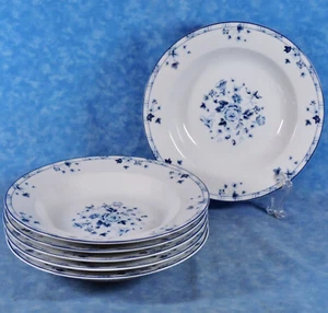 6 Laura Ashley SOPHIA (BLUE) Large Rimmed Soup Bowls- 8-1/2" Minty! - Picture 1 of 4
