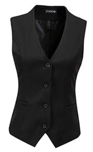 Women's Fully Lined 4 Button V-Neck Economy Dressy Suit Vest Medium Black - Picture 1 of 6