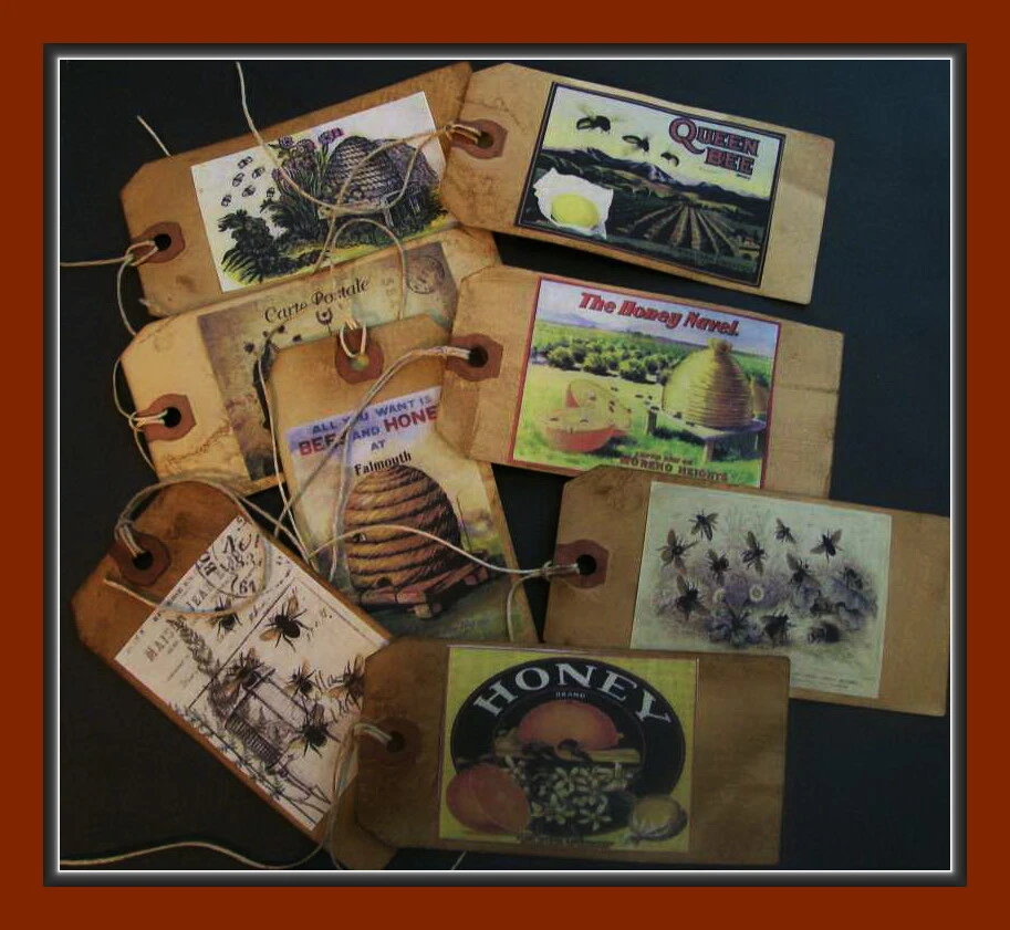 VINTAGE BEE LABELS AND DESIGNS - PRIMITIVE HANG TAGS - SCENTED - EIGHT  - SET# 1 - Image 1 of 4