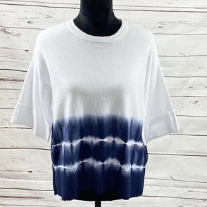 DKNY Top Women’s Small Blue/White Ribbed Cotton Sweater Tie-Dye Short Sleeves - Picture 1 of 10