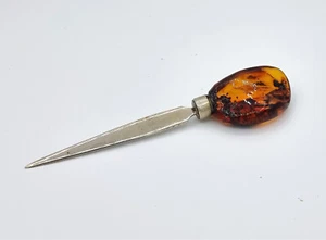 Vintage Brutalist Metal Stiletto Form Letter Opener Chunky Natural Amber Handle - Picture 1 of 6