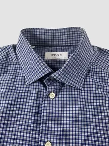Eton Men’s 16 1/2 Blue Check Dress Shirt Long Sleeve Button Up One Pocket - Picture 1 of 11