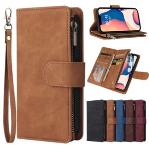 for iPhone 14 Pro Max 11 XR 12 15 7 8 6 Leather Zip Wallet Card Purse Case Cover - Picture 1 of 17