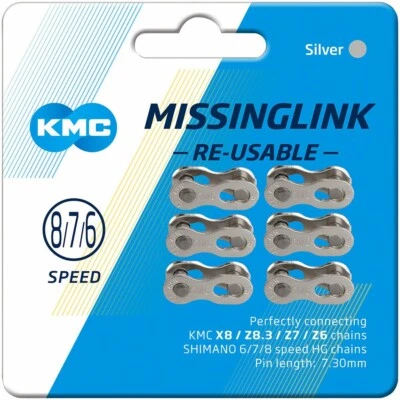 Eslabón perdido KMC 7,3 mm para cadenas de 6/7/8 velocidades - plateado, tarjeta de 6 Foto 1 de 2