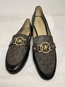 Michael Kors Rory Loafer Women’s 10M Brown Logo Slip-On Flats MK Gold Hardware - Picture 1 of 6