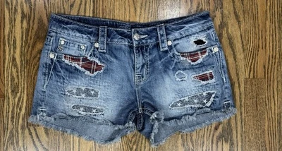 Miss Me Embroidered Rhinestone Denim Jean Shorts Size 28 Stars Plaid Fringe - Image 1 of 4