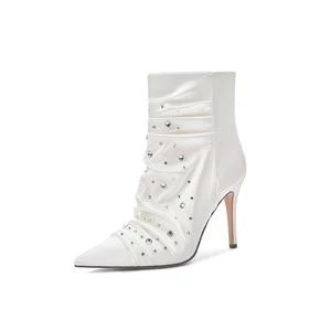 Women's White Rhinestone Short Boots Pointed Toe Thin Heels Wedding Dance Shoes - Picture 1 of 11