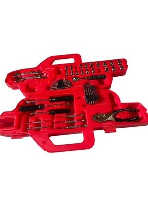 Alltrade Red Truck Tool Box Case w/ Misc Hand Tools Ratchet Sockets Set - Image 1 of 4