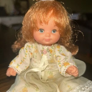 Vintage 1976 Mattel Inc Baby Doll Red Hair 8” Blue Eyes Yellow Nightgown Ribbon - Picture 1 of 17