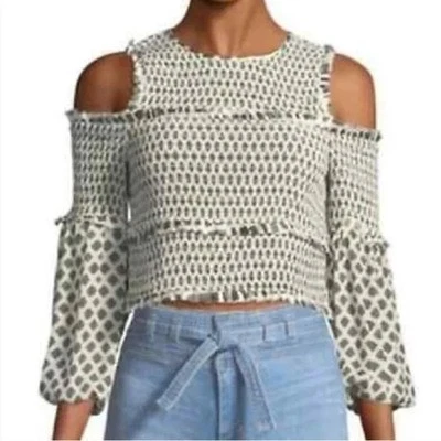 Cinq a Sept Top Womens Large Pascal Silk Mini Medallion Cold Shoulder Smocked - Image 1 of 4