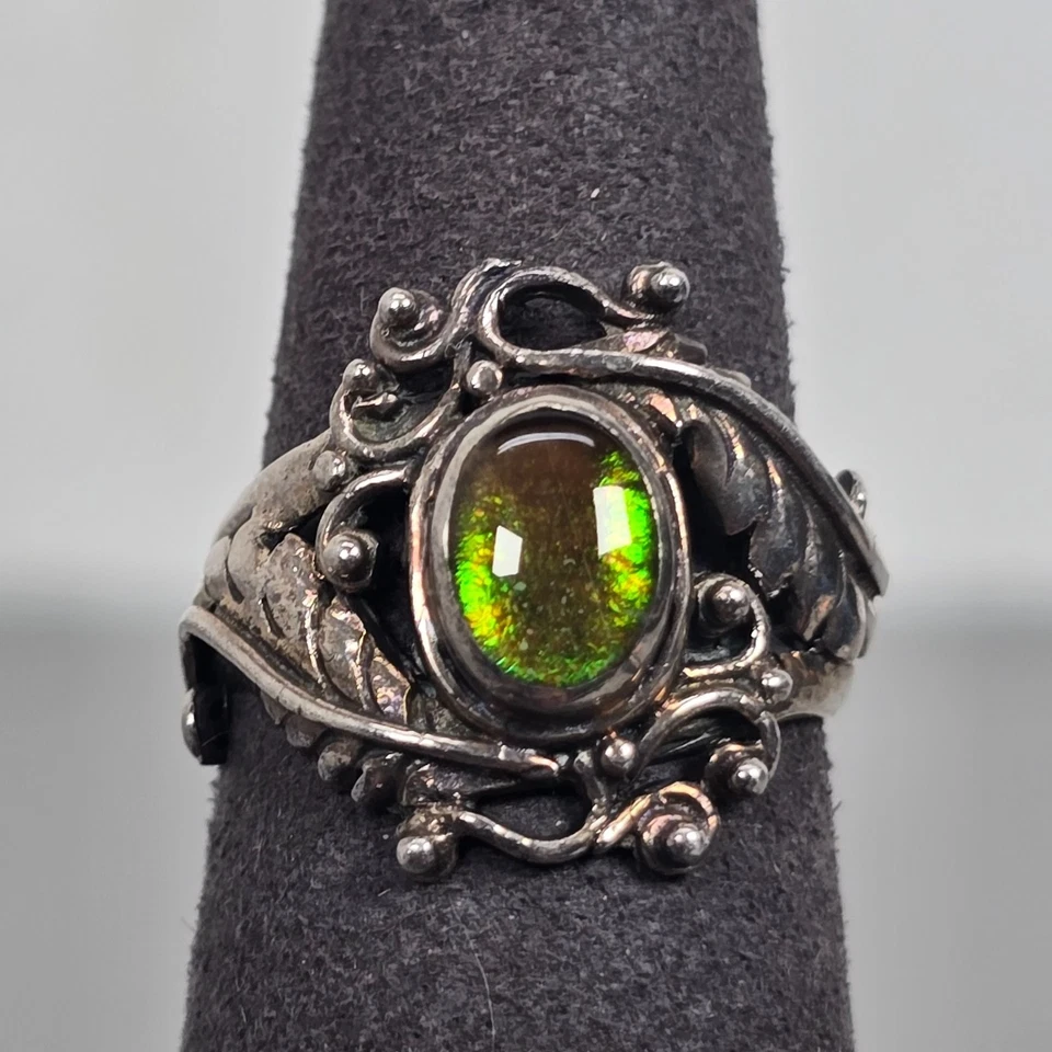 Anillo Vintage Ammolita Piedras Preciosas Plata de Ley 925 Artesanal Hoja de Cóctel Talla 7 Foto 1 de 4