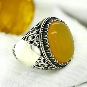 925 Sterling Silver Men's Ring with Yellow Agate Stone - Picture 1 of 2