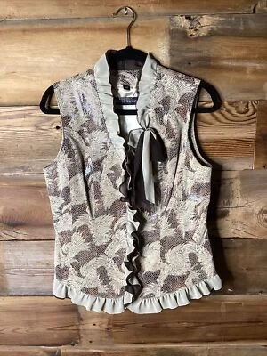Pamela McCoy Cuero Genuino, Marrón Transparente Beige Volantes Floral Chaleco Chaqueta Top S Foto 1 de 4
