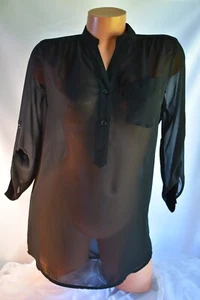 MAURICE (S) Blouse BLACK Polyester Chiffon Pocket Henley Neckline Smocked Yoke - Picture 1 of 9