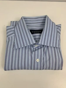 Canali Men’s 39 15.5 Italy Button Down Long Sleeve Striped Blue Dress Shirt  - Picture 1 of 11