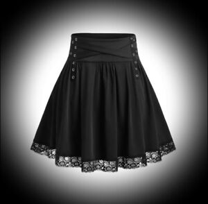 New Black Gothic Flared Eyelet Studded Lace Hem Mini Short Skirt size 5XL 28 30
