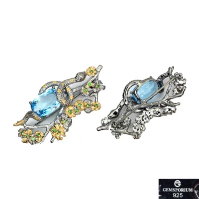 Broche de plata de ley 925 hecho a mano topacio 19,16 quilates zafiro piedras preciosas joyería Foto 1 de 4