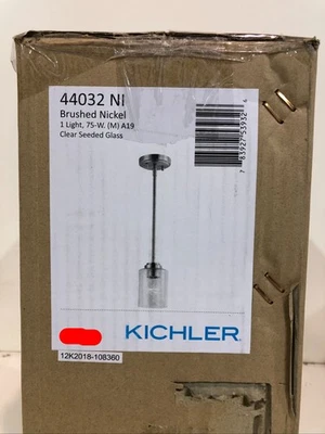 Mini colgante de níquel cepillado Kichler 44032NI 1 luz vidrio semillado transparente Foto 1 de 3