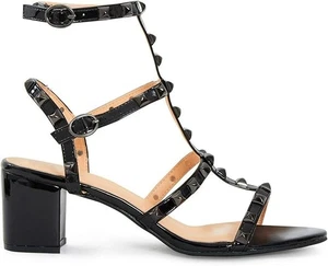 Women’s Studded Block Heel Sandal plus Size Rivet Ankle Strap Mid Heel, Open Toe - Picture 1 of 22