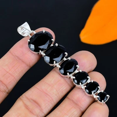 Pendente In Argento Sterling 925 Fatto A Mano In Spinello Nero 3.04" - Immagine 1 di 4