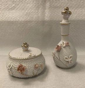 Vtg Porcelain Vanity Perfume Set - Perfume Bottle & Trinket Box-Japan, 5.5/2.75" - Picture 1 of 13