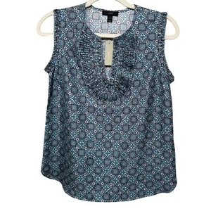 J.Crew Margot Sleeveless Silk Blouse Women’s Size 0 Blue Geometric Ruffles NEW - Picture 1 of 10