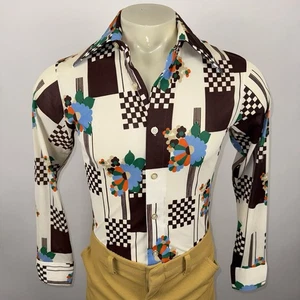 Vintage 60s 70s Disco Shirt Career Club Focus Nik AOP Floral Nylon Mens Medium - Picture 1 of 14