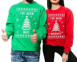 Ugly Christmas Sweater Nice Naughty Christmas Funny Matching Couple Sweatshirts - Picture 1 of 2