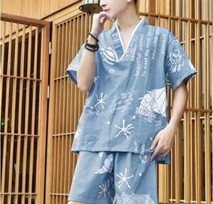 Chinese Japanese Mens Blue Sea Life Top & Shorts Kimono Pyjamas Pajamas menpjs48 - Picture 1 of 5