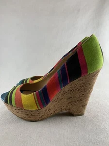 Nine West Women's US 7 Linger Flamingo Multicolor Striped Wedge Peep Toe Heels - Picture 1 of 10