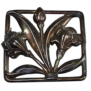 Art Nouveau Calla Lily Brooch Brass Floral Sash Pin Openwork Square Frame Orchid - Picture 1 of 5