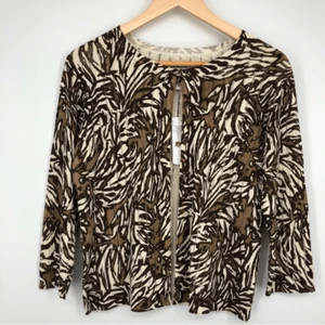 Chico’s Cardigan Womens M Brown Beige Abstract Button Front 3/4 Sleeve NWT - Picture 1 of 6