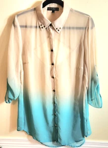 HeartSoul 2X Blouse Cream & Turquoise (Women Plus 3/4 sleeve 100% Polyester) - Picture 1 of 5