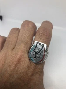 Vintage Lucky Horse Shoe Silver Size 9.75  Genuine Turquoise Coral Men's Ring - Picture 1 of 12