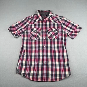 Ecko Unltd Shirt Womens Medium Pink Plaid Pearl Snap Short Sleeve - Picture 1 of 14