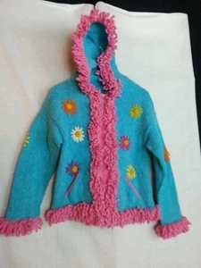 Youth Girl Sweater Coat Long Hood Turquoise Blue Pink Floral Ecuador Junior  - Picture 1 of 12