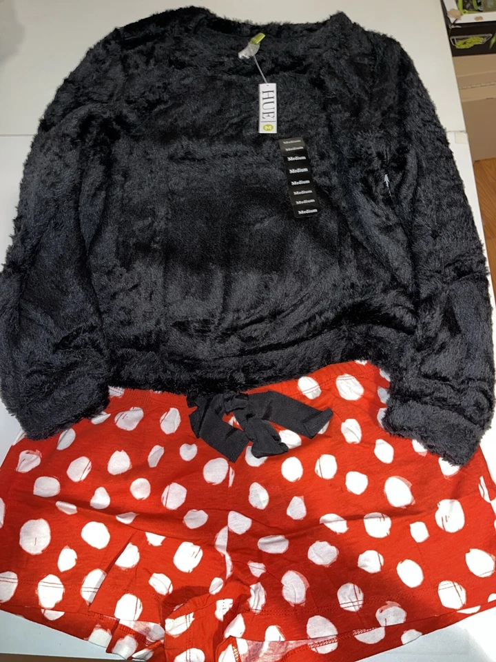 Новый с Ярлыками HUE женщин 2шт Sleepwear комплект, черный топ и в горошек красный боксеры средний #5-0115 - Изображение 1 из 4