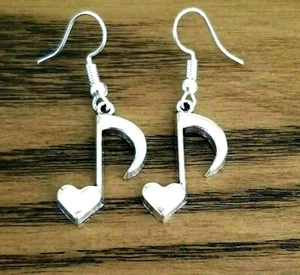 Silver Heart Music Note Earrings Eighth Note Dangle Earrings Music Lover Gift - Picture 1 of 3
