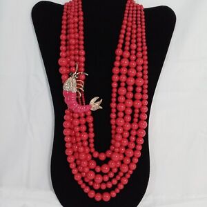 Dark Pink Red Multi Strand Necklace With Enamel And Rhinestones Lobster Pendant 