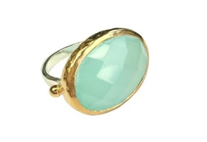Treisi Oval Blue Chalcedony Ring 24K Gold Veiled Stone Sterling Silver Band- New - Picture 1 of 24