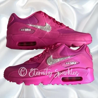 Customised Hot Pink Crystal Bling GENUINE NIKE AIR MAX 90 Ladies Girls Trainers - Image 1 of 4