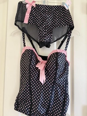 New Cacique Pink Polka Dot Corset 18/20 Black Lingeries W/Matching Boy Short New - Image 1 of 4