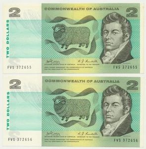Australia: $2 Phillips-Randall "C of A" Consecutive Pair Nice Grade Cat $100 - Bild 1 von 2